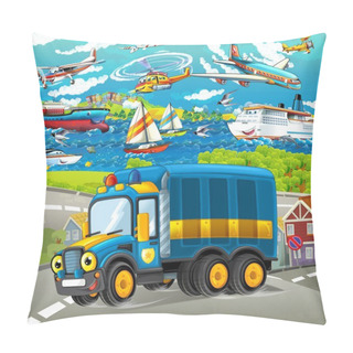 Personality  Cartoon Scene With Happy Police Truck - Ships And Planes In The Background - Illustration For Children Pillow Covers