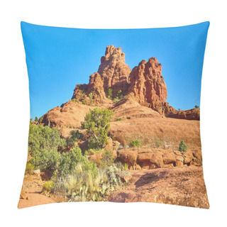Personality  Sunlit 2016 Daytime View Of Majestic Bell Rock Rising In Sedona, Arizona, Showcasing The Stark Beauty Of Its Red Desert Landscape Under A Clear Blue Sky Pillow Covers