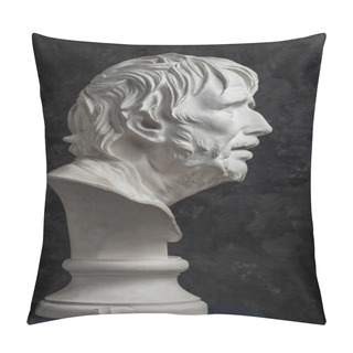 Personality  Gypsum Copy Of Ancient Statue Seneca Head On Dark Textured Background. Plaster Sculpture Man Face. Pillow Covers
