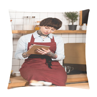 Personality  Beautiful Concentrated Barista In Apron Writing In Notebook Pillow Covers