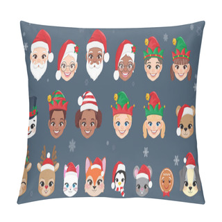Personality  Set Of Christmas Characters Heads, Santa Claus, Mrs. Claus, Elves, Snowmen And Cute Animal Vector, Cartoon Characters For Design Pillow Covers