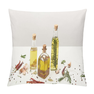 Personality  Various Bottles Of Oil Flavored With Different Spices And Rosemary On White Surface Pillow Covers