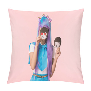 Personality  Anime Girl In Purple Wig Holding Emoticons Isolated On Pink Pillow Covers