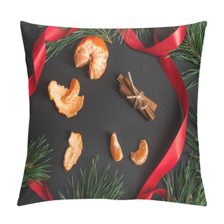 Personality  Top View Of Peeled Tangerines And Cinnamon Sticks Near Red Ribbon And Fir Branches On Black Pillow Covers