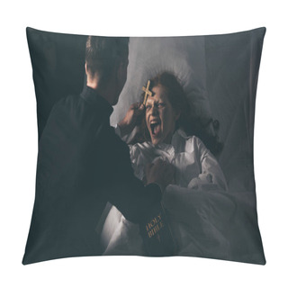 Personality  Male Exorcist With Bible And Cross Standing Over Demoniacal Screaming Girl In Bed Pillow Covers