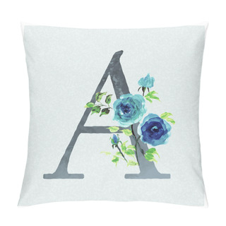 Personality  Letter A Watercolor Floral Background In Blue Theme Pillow Covers