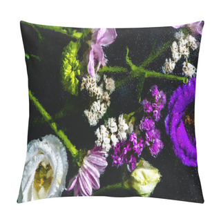 Personality  Top View Of Wet Pink, Blue And White Flowers On Black  Pillow Covers