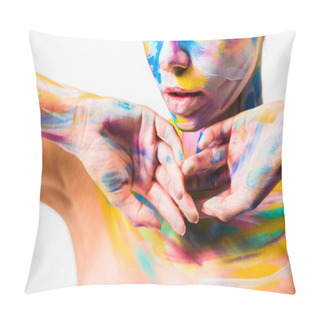 Personality  Cropped Image Of Woman With Bright Colorful Bright Body Art Isolated On White  Pillow Covers