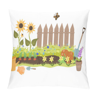 Personality  Summer Garden Illustration With A Fence, Sunflowers And Garden Tools. Vector Image. Pillow Covers