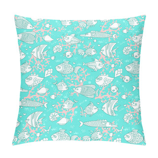 Personality  Background Of Underwater World. Seamless Pattern With Cute Fish, Shells, Corals. Pillow Covers