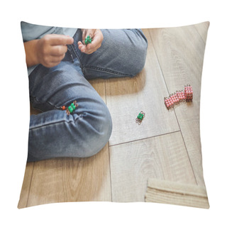 Personality  Cropped View Of Boy Sitting In Jeans On Floor, Playing With Montessori Beads Material, Game Pillow Covers