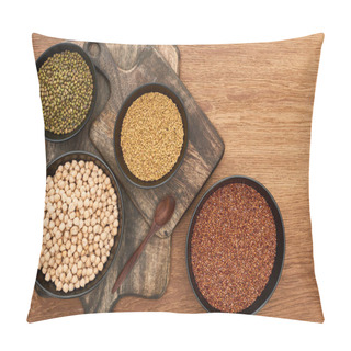Personality  Top View Of Bowls With Moong Beans, Buckwheat And Chickpea Near Spoon On Wooden Cutting Boards Pillow Covers