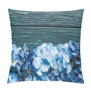 Personality  Top View Of Wooden Green Background With Blue Floral Border Pillow Covers
