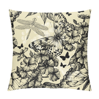 Personality  Seamless Pattern With Blooming Phlox, Butterflies And Dragonflie Pillow Covers