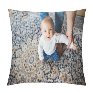 Personality  Father With A Baby Girl At Home. First Steps. Pillow Covers