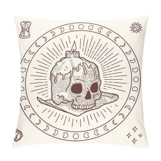 Personality  Gipsy Style Magic Symbol Of Human Skull With Wax Candle. Engraving Style, Hippie And Vintage. Astrological Mystery Set With Dial, Hourglass, Stars, Sun And Moon. Print For T-shirts, Poster, Tarot Card Pillow Covers