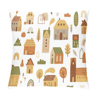 Personality  Fall City. Autumn City. Cute Autumn House Kit. Cottage Houses Isilated Graphic Elements. Childish Houses. Cartoon Village In Fall Season. Vector Illustration. City Landscape Set Rainbow Tree, Pumpkin. Pillow Covers