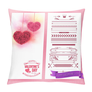 Personality  Valentines Day Card And Set Of Design Elements On Pink, Textured Background. Colored Floral Hearts On Shiny Background With Light Effects. Typographic Text. Vector Illustration.  Pillow Covers