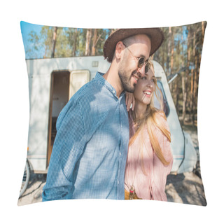 Personality  Hippie Couple Embracing Near Trailer In Forest Pillow Covers