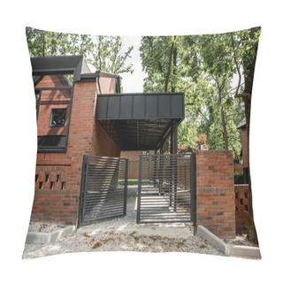 Personality  Real Estate Market, Brick Modern Cottage With Metal Fence And Large Windows Pillow Covers