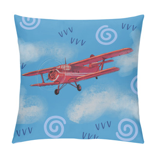 Personality  Watercolor Red Airplane On Blue Sky Illustration With Computer Processing Seamless Pattern. View Of A Flying Plane. Pillow Covers