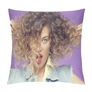Personality  Portrait Of Curly Haired Woman Making Faces At Camera Pillow Covers