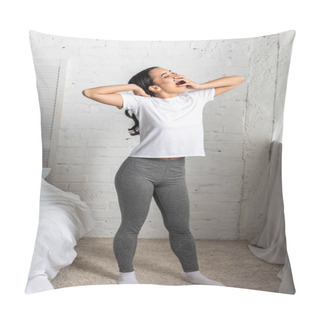 Personality  Young Asian Woman In White T-shirt And Grey Leggings Standing In Bedroom In Yawning Pillow Covers