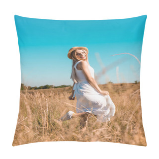 Personality  Selective Focus Of Woman In White Dress And Straw Hat Standing On One Leg While Posing In Meadow Pillow Covers