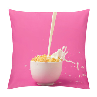 Personality  Close-up View Of Pouring Fresh Organic Milk Into Bowl With Corn Flakes On Pink Pillow Covers