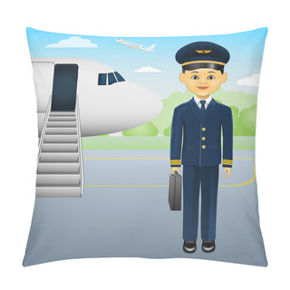 Personality  Cartoon Aircraft Pilot Before The View On Taking Off. Young Cute Pilot. Vector Illustration Pillow Covers
