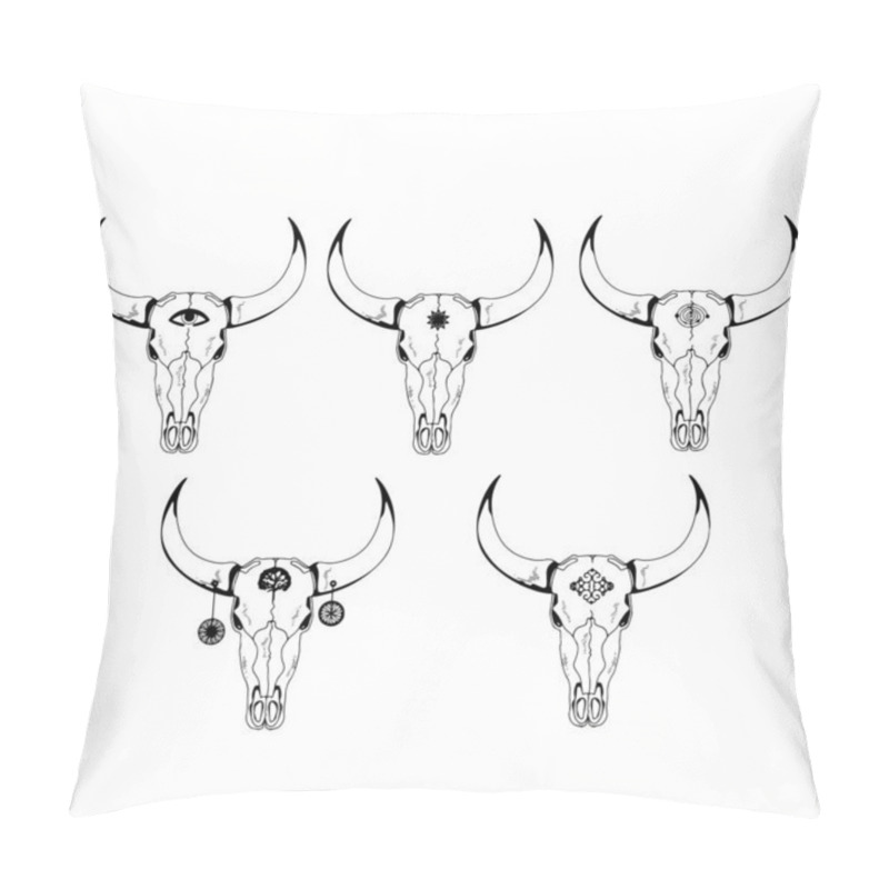 Personality  Vector illustration.Year Of The Bull 2021.Bull cow skull with symbols on the forehead and horns.Boho style. pillow covers