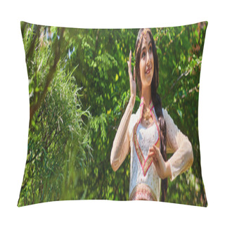 Personality  Graceful Indian Woman In Elegant Authentic Attire Dancing In Green Summer Park, Banner Pillow Covers