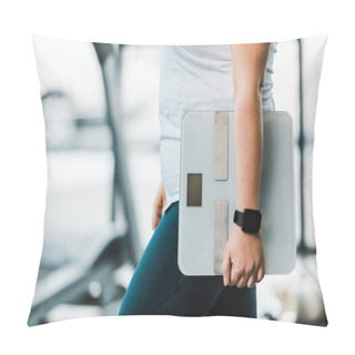 Personality  Cropped View Of Overweight Woman Holding Scales Pillow Covers