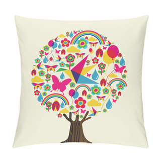 Personality  Tree Made Of Vibrant Color Spring Season Icons, Springtime Concept. Seasonal Illustration With Flowers, Rainbow, Birds And Butterfly EPS10 Vector. Pillow Covers