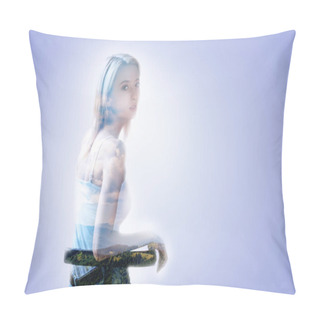 Personality  Pleasant Nice Woman Sitting On The Bench Pillow Covers