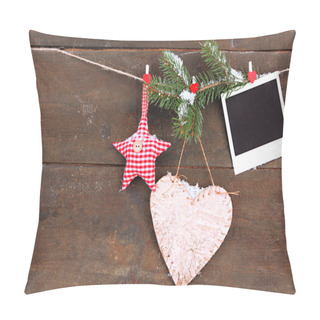 Personality  Decorative Heart, Star And Empty Photo Paper On Rope, On Wooden Background Pillow Covers