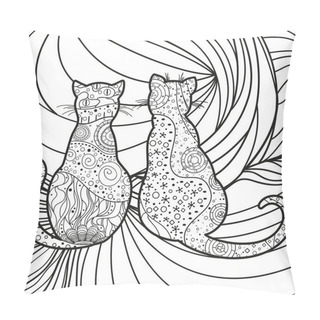 Personality  Square Background. Hand Drawn Ornate Cats. Design For Spiritual Relaxation For Adults. Black And White Illustration For Coloring Pillow Covers