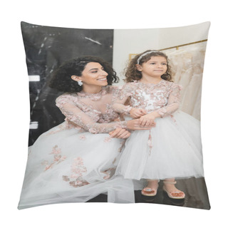 Personality  Brunette Middle Eastern Woman With Wavy Hair In Stunning Wedding Dress Holding Hand Of Cute Daughter In Cute Floral Attire In Bridal Salon, Shopping, Happiness, Special Moment, Togetherness  Pillow Covers