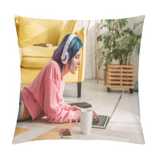 Personality  Freelancer With Colorful Hair And Headphones Working With Laptop Near Cup Of Tea And Smartphone On Floor In Living Room  Pillow Covers