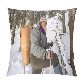 Personality  In Winter, An Interesting Original Traveler Lives In The Carpathians-a Very Old, Almost A Hundred-year-old Grandfather, Who In His Youth Ascended To Many Complex Peaks Pillow Covers