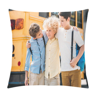 Personality  Happy Little Schoolboys Embracing And Talking In Front Of School Bus Pillow Covers
