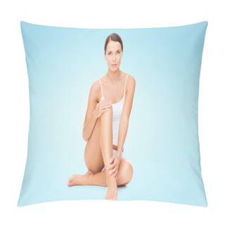 Personality  Beautiful Woman In Cotton Underwear Touching Legs Pillow Covers