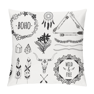 Personality Vector Monochrome Ethnic Set With Arrows, Feathers, Crystals, Floral Frames, Borders, Dream Catcher, Bull Skull. Modern Romantic Boho Style. Templates For Invitations, Scrapbooking. Hippie Design Elements. Pillow Covers