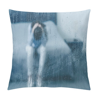 Personality  Depressed Woman Sitting On Bed And Holding Head In Hands Through Window With Raindrops Pillow Covers