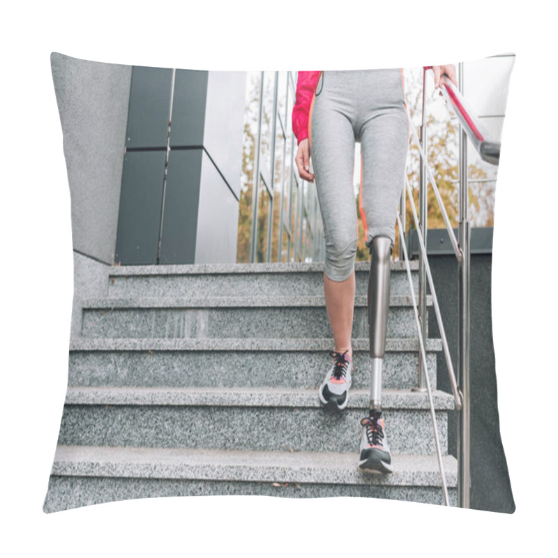 Personality  Cropped View Of Disabled Sportswoman With Prosthesis On Stairs  Pillow Covers
