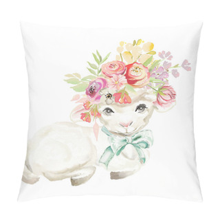 Personality  Cute Watercolor Sheep With Tied Bow And Floral, Flowers Bouquet, Wreath Pillow Covers