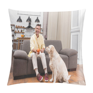 Personality  Cheerful Man Sitting On Couch And Holding Toy Ball Near Labrador Dog Pillow Covers