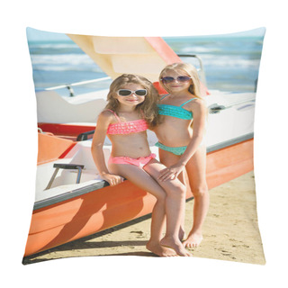 Personality  Portrait Of Two Joyful Sisters On The Beach Near The Red Boat. Two Girls By The Sea. Vertical Frame. Pillow Covers
