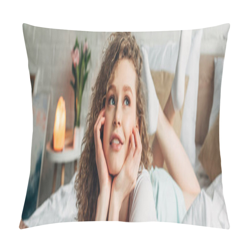 Personality  Dreamy Girl Lying On Bed In Bedroom With Himalayan Salt Lamp, Panoramic Concept Pillow Covers