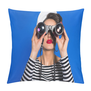 Personality  Obscured View Of Attractive Young Woman In Retro Clothing With Binoculars Isolated On Blue Pillow Covers